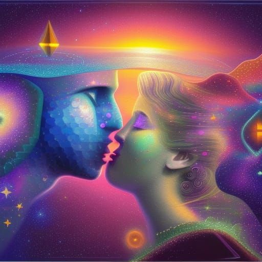 Cosmic Kiss: Hyper-Surreal Geometric Starship Android Love