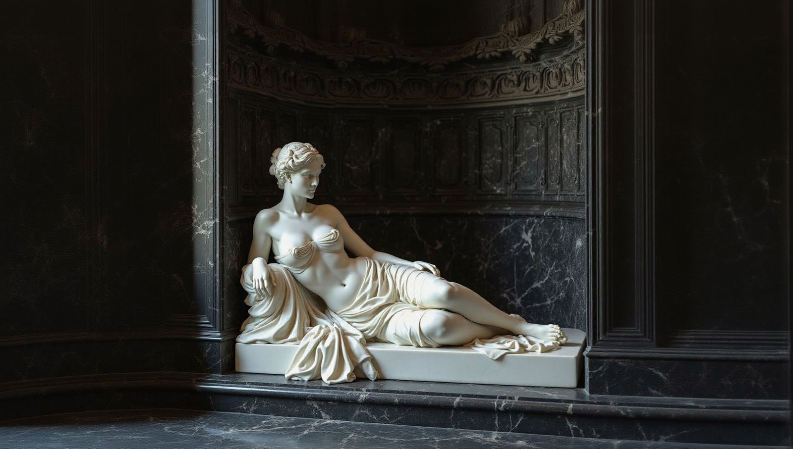 Marble Woman in Black Stone Hall