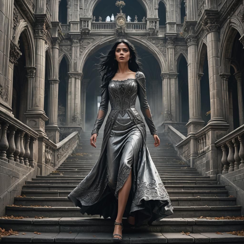 Girl in Silver Dress Running Down Palace Steps