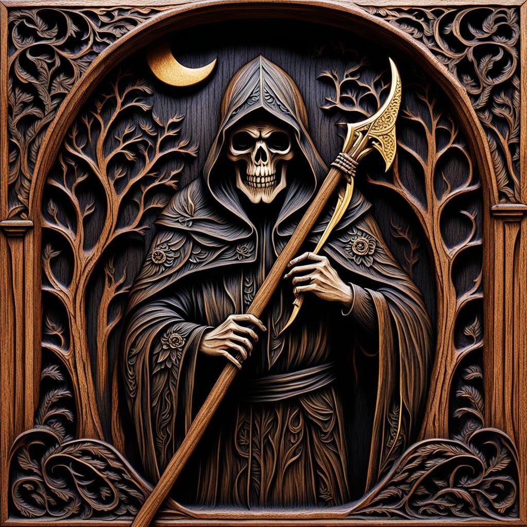 Gothic Wood Carving of Grim Reaper in Forest