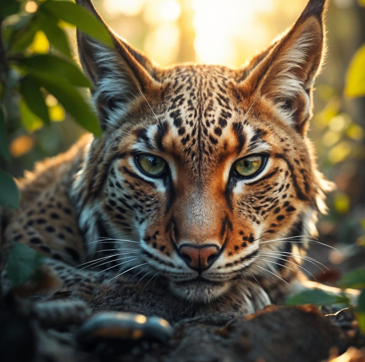 Comical Lynx Face Close-Up in Forest Sunbeam