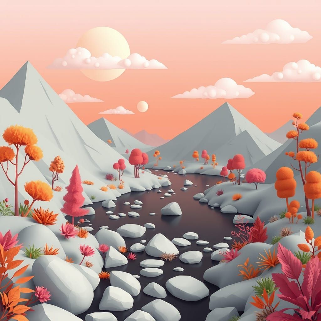 Dreamlike Digital Landscape with Vibrant Mountains and Plane...