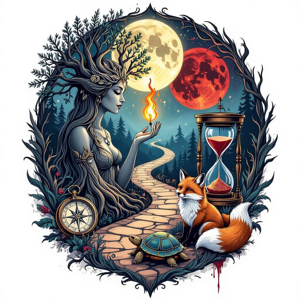 Gemini Goddess Tree Paths Double Exposure Tattoo Art