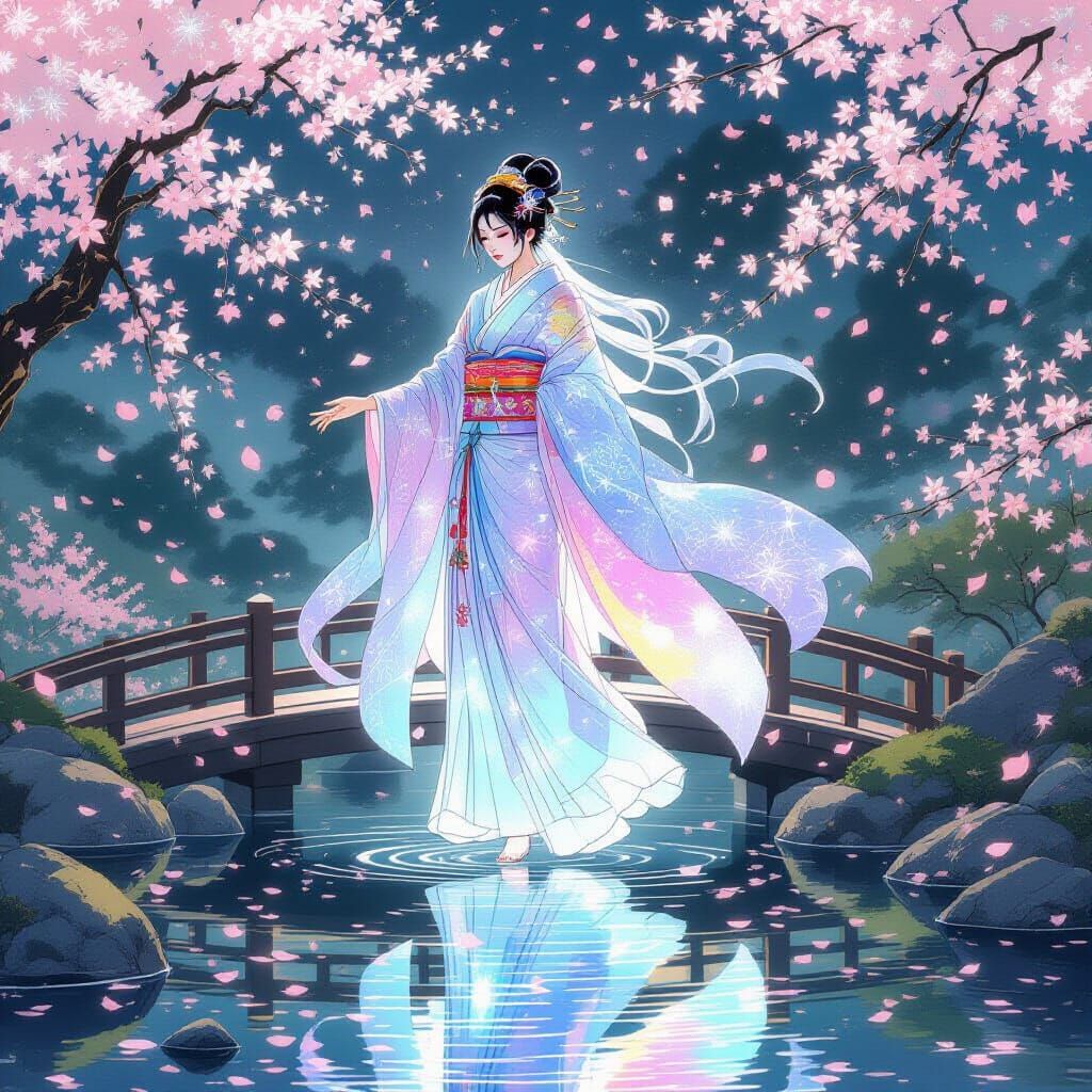 Celestial Being in Japanese Garden, Ukiyo-e Fantasy Art