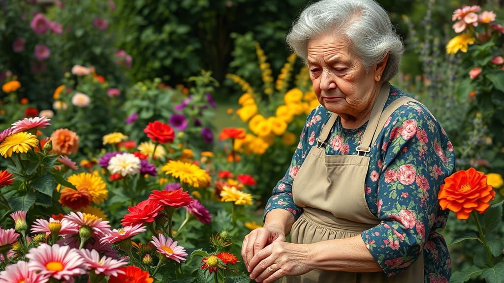 Elderly Woman's Solitude in a Vibrant Garden
