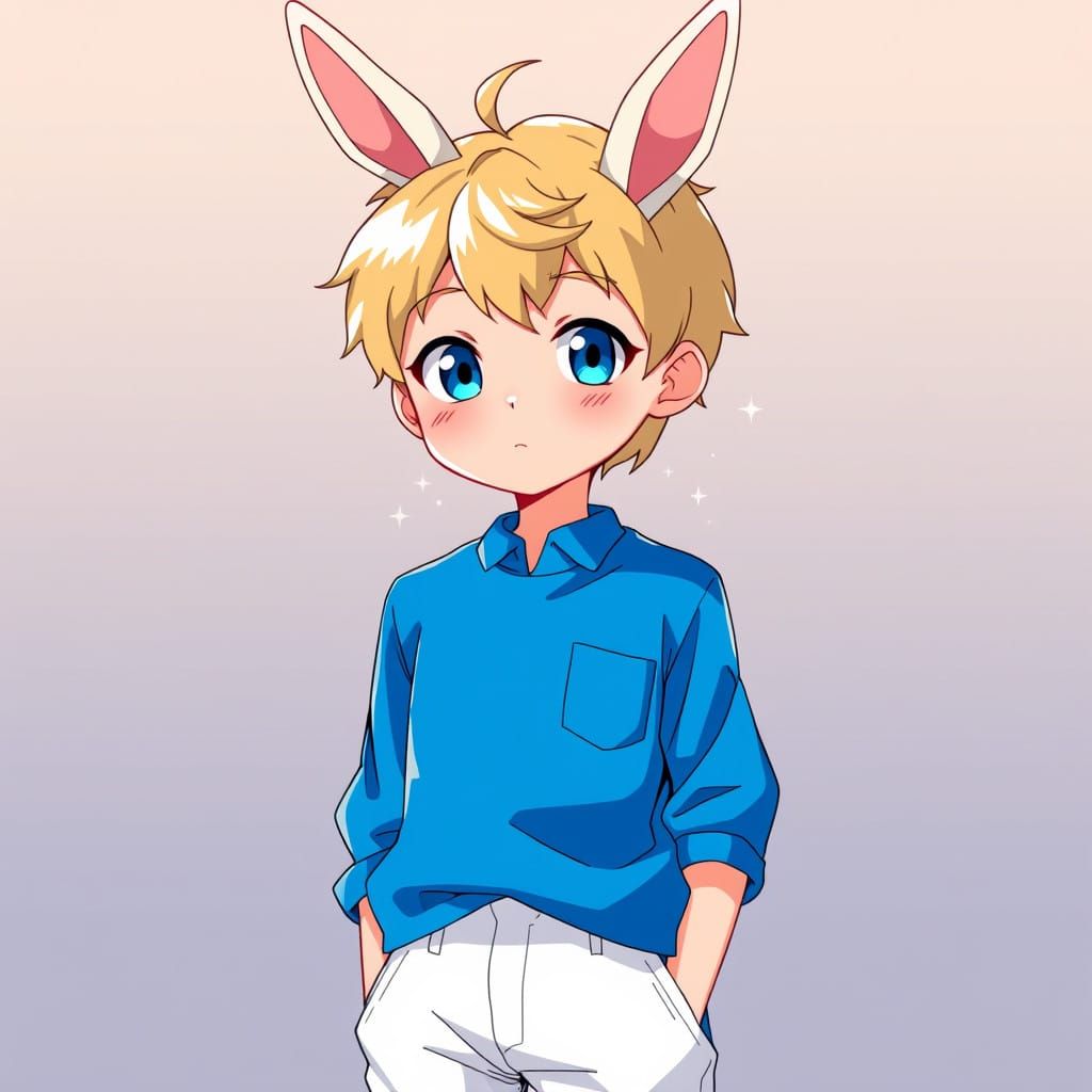 Charming Shy Young Man in Vibrant Blue and White Anime Style