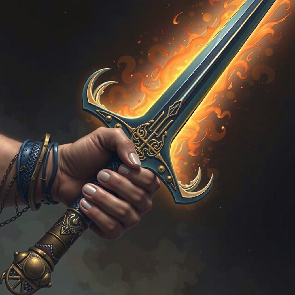 Heroic Fist Grasps Magical Flaming Sword in Celtic-Inspired...