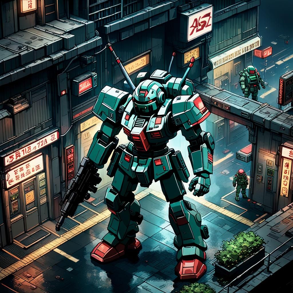 Zaku-Inspired Mech as 1980s Isometric Sprite