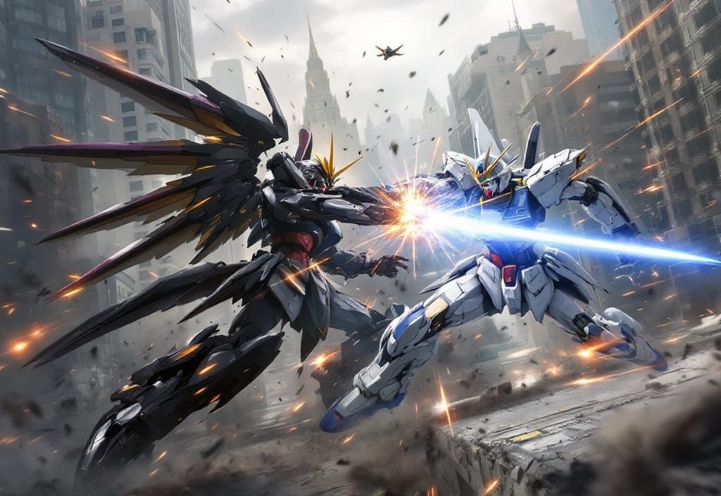 Gundam Wing Slices Deathscythe in Ravaged Cityscape