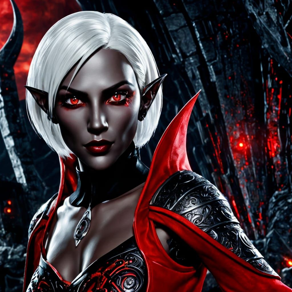 Cybernetic Dark Elf with Crimson Eyes, in Cyberpunk Style