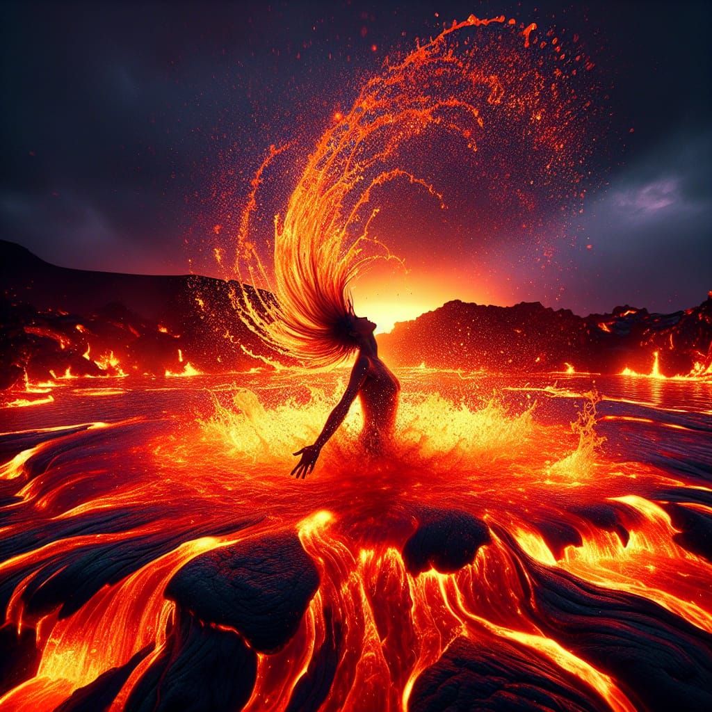 Lava Nymph Silhouette in Hyperrealistic Splash Art