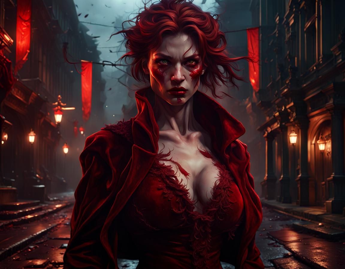 Angry Velvet Woman in Dark Fantasy Street Scene