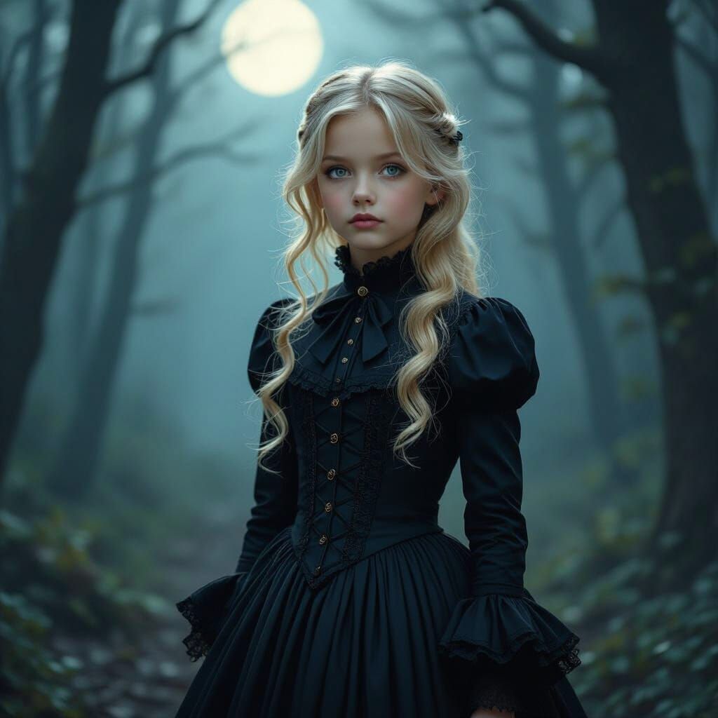Mysterious Moonlit Portrait of Girl in Victorian Dress