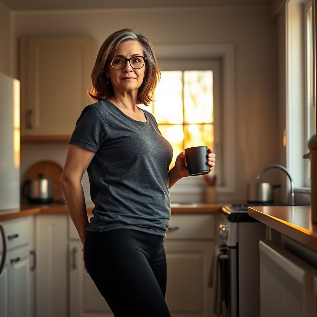 Woman in Charcoal Grey T-Shirt and Black Leggings Gazing Out...