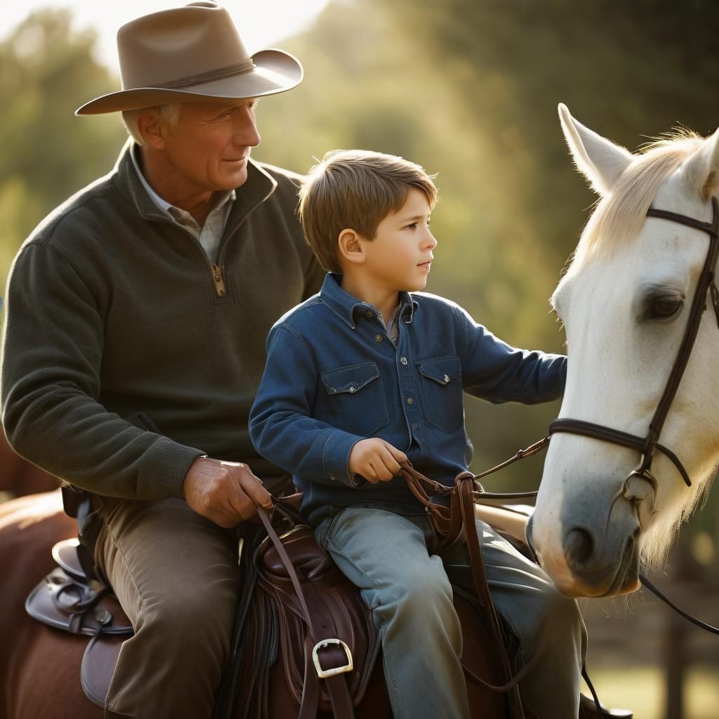 Intimate Portrait of Father and Son Riding Horse