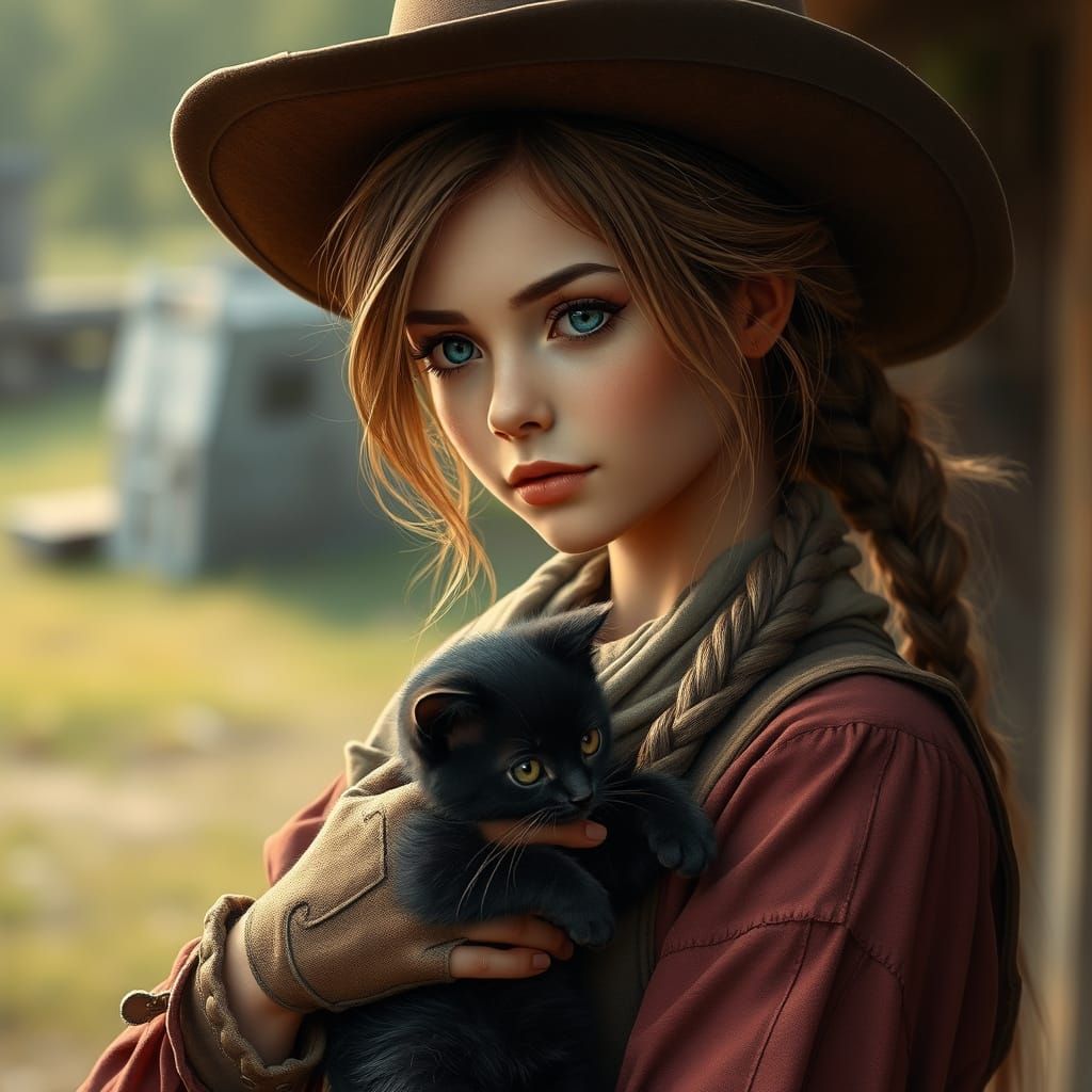Gunslinger Girl with Kitten in Photorealistic Style