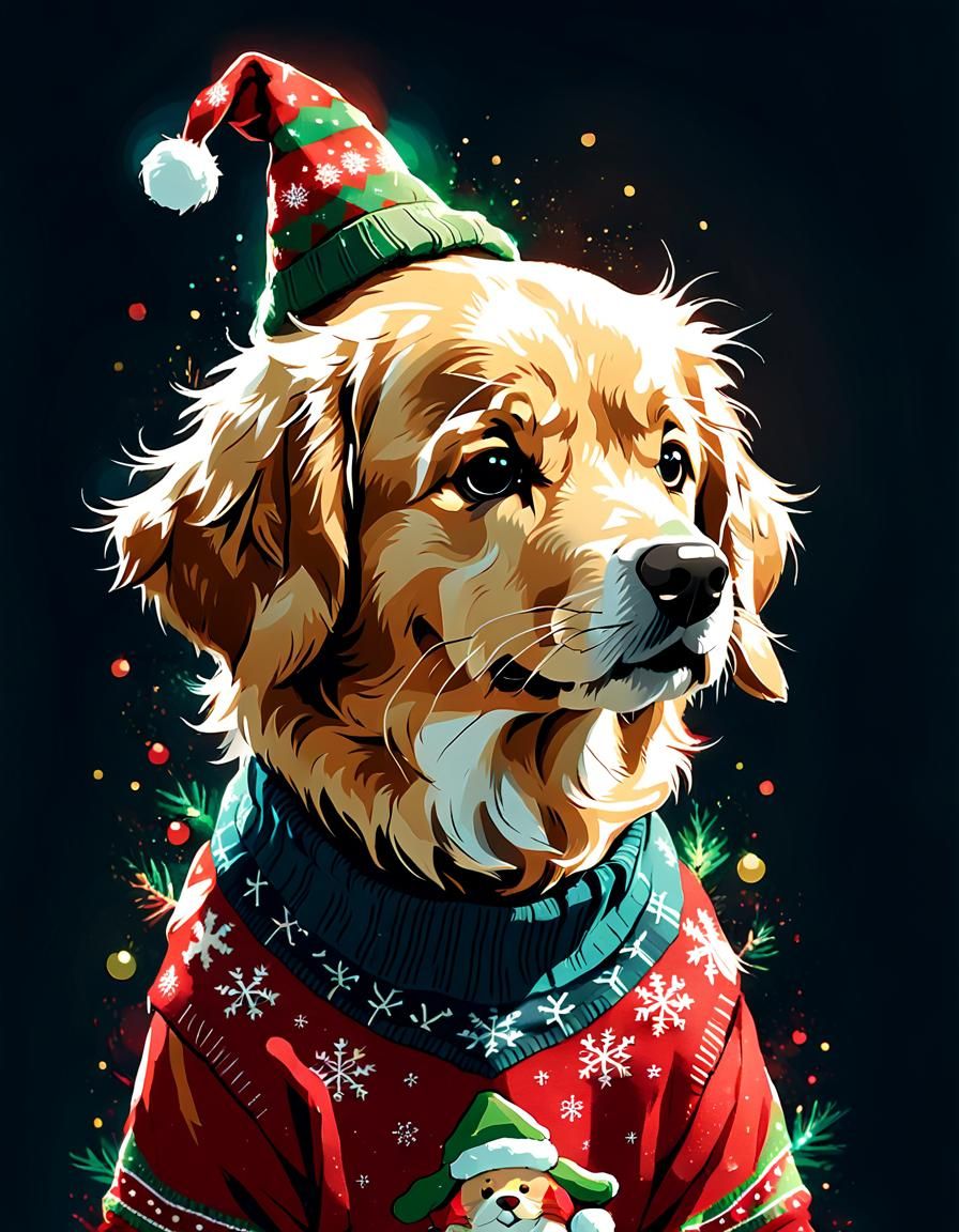 Charming Christmas Golden Retriever in Cozy Sweater Art