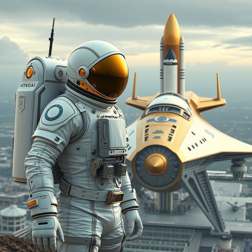 Astronaut Stands Heroically Beside Futuristic Spaceship at S...