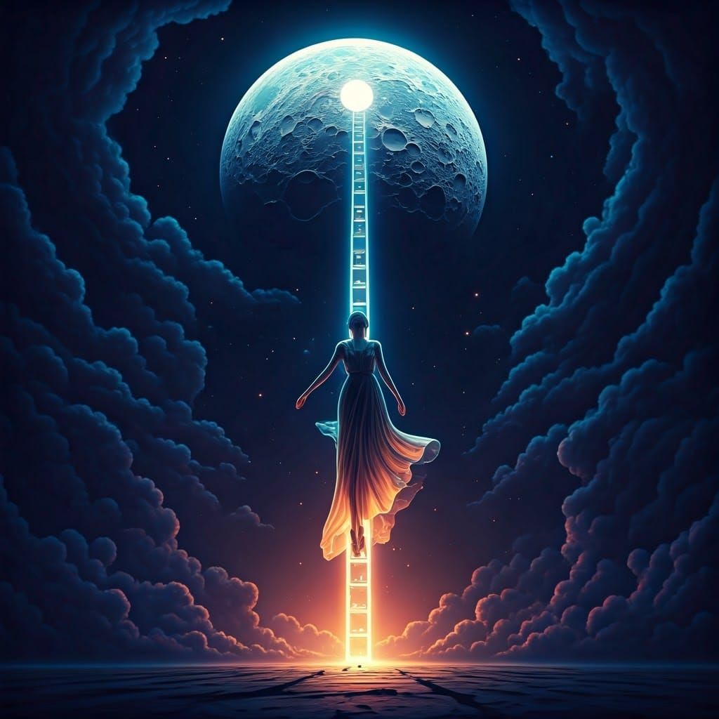Ethereal Ascent: Woman Reaching for the Moon