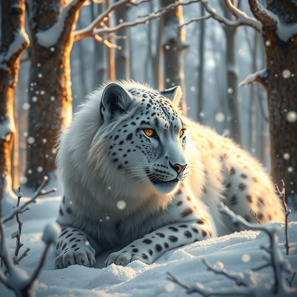 White Wolf-Cheetah Hybrid in Snowy Forest
