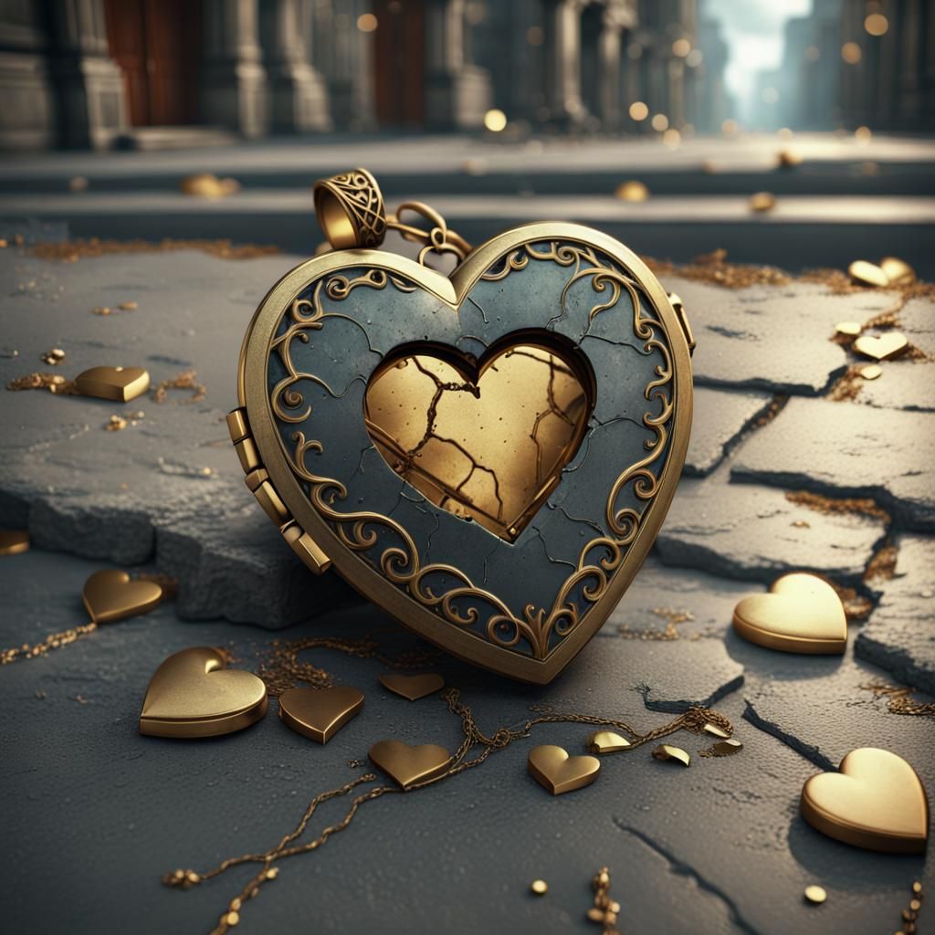 Broken Golden Heart Locket on Concrete Street