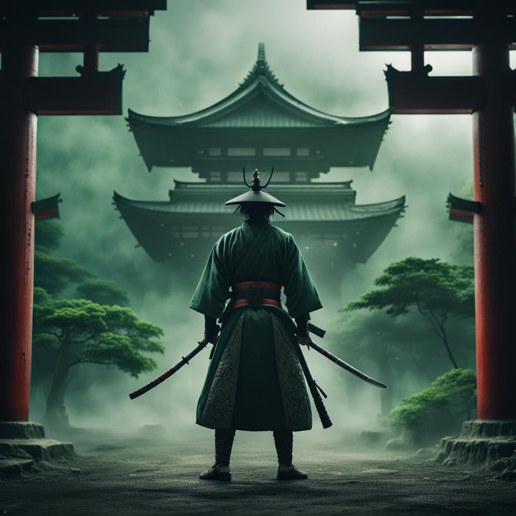 Samurai in Apocalyptic Wasteland Under Shinto Shrine