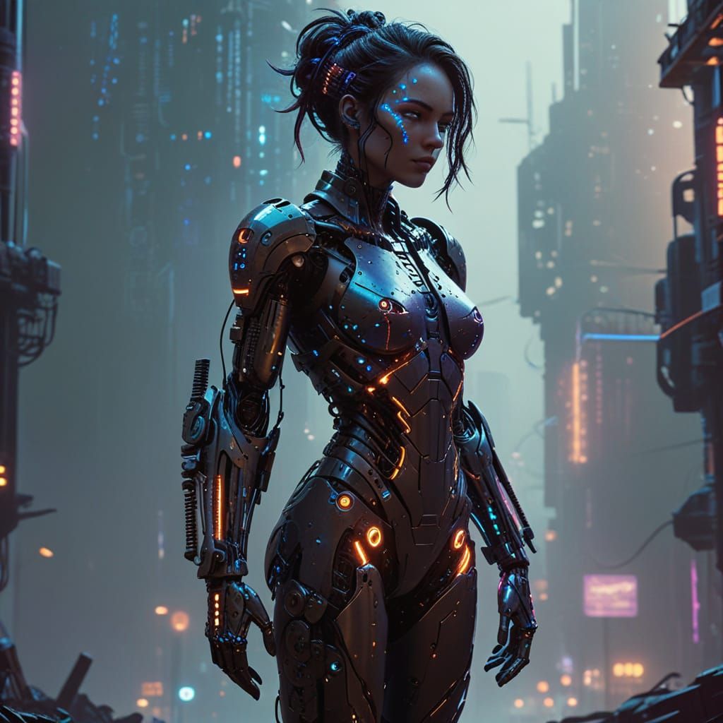 Futuristic Humanoid with Robotic Features in Neon Cityscape