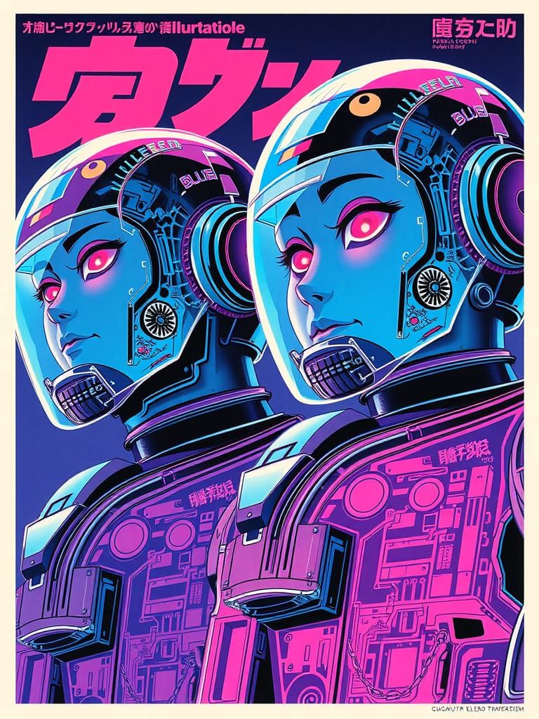 Retro Sci-Fi Poster: Japanese Robots & Neon