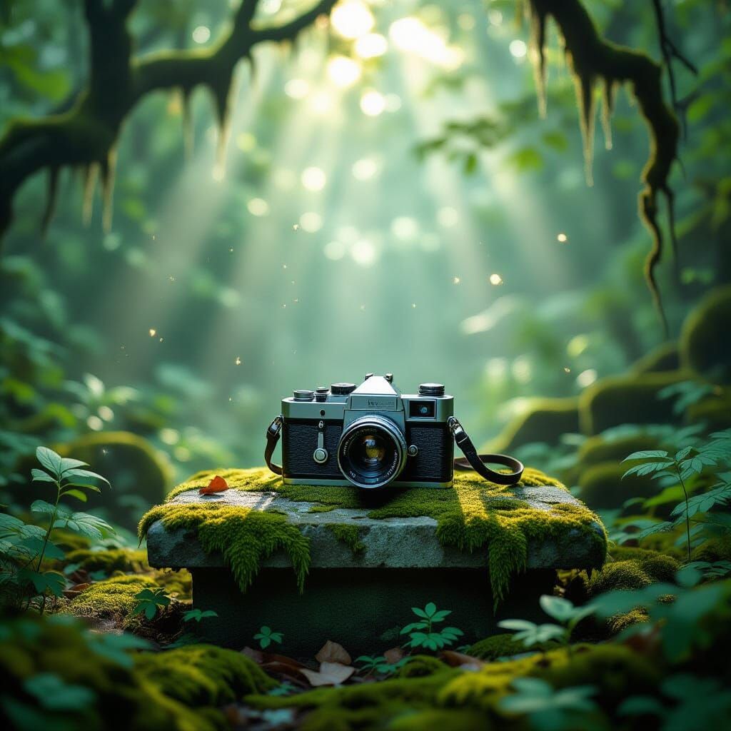 Forgotten Camera in Overgrown Forest, Watercolor Style
