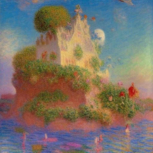 Floating Island with Whimsical Residents in Golden Hour
