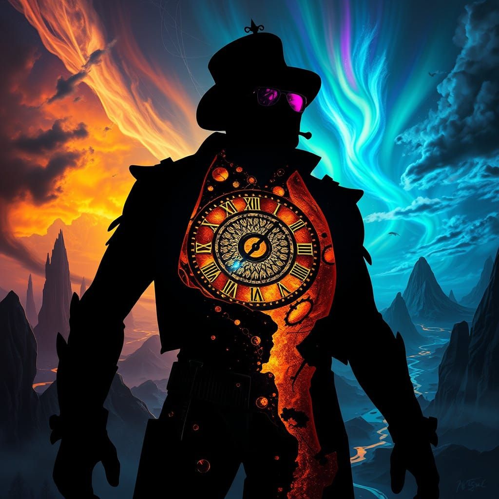 Surreal Steampunk Inventor Silhouette in Iridescent Chiarosc...