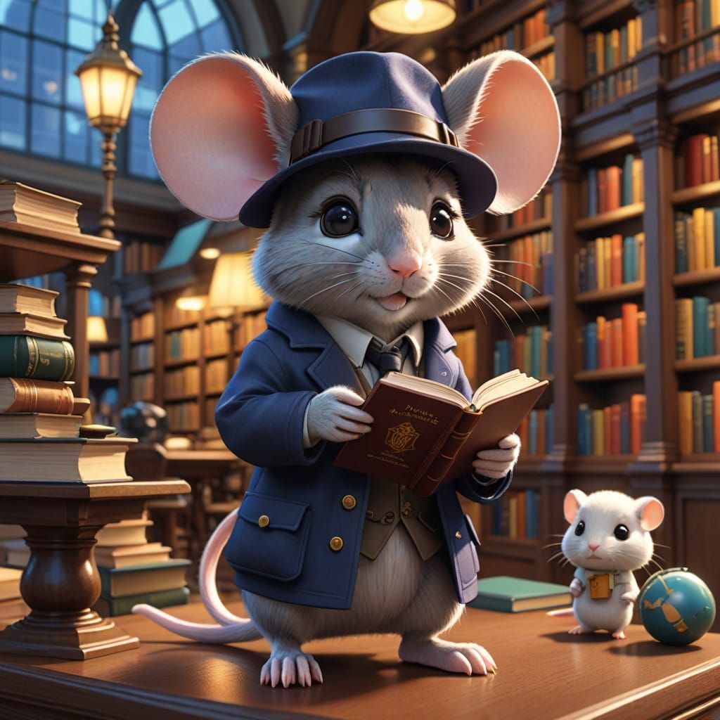 Cute Anime Detective Mouse Reads in Colorful Library