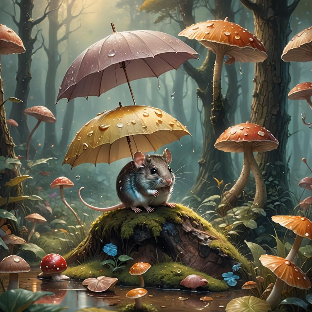 Mouse with Umbrella in Forest, Oil Painting Style