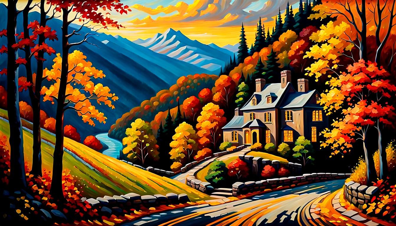 Mountainside Home in Autumn as Impasto Painting
