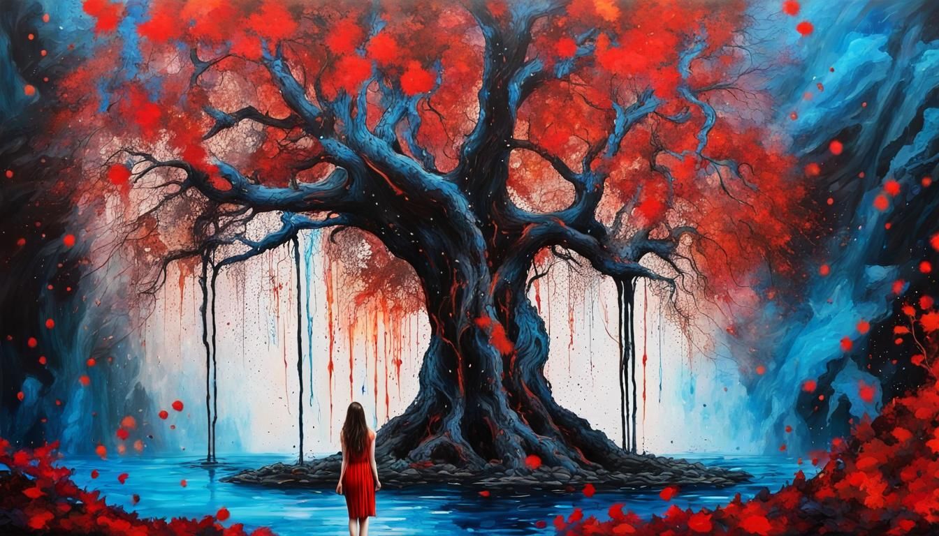 Ink Splatter Painting: Ancient Tree and Waterfall