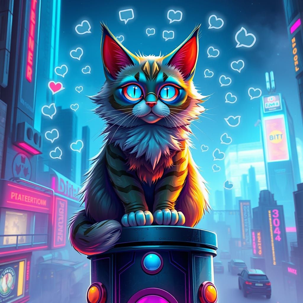 Glowing Super Cat Reigns Over Futuristic Cityscape