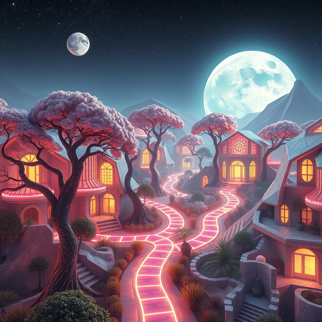 Lunar Neighborhood in Vibrant, Maximalist Style