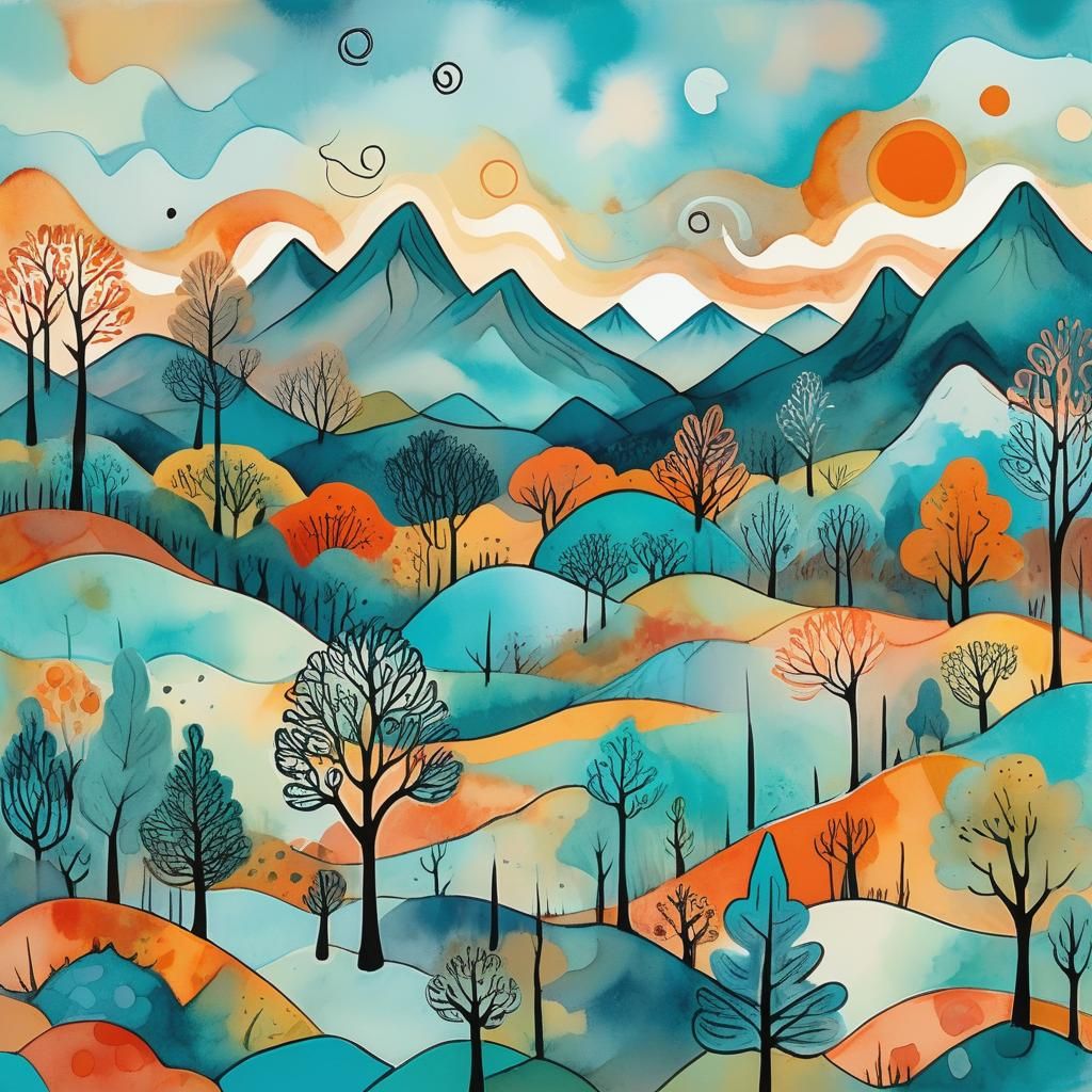 Whimsical Doodle Art Landscape with Turquoise and Orange Hue...