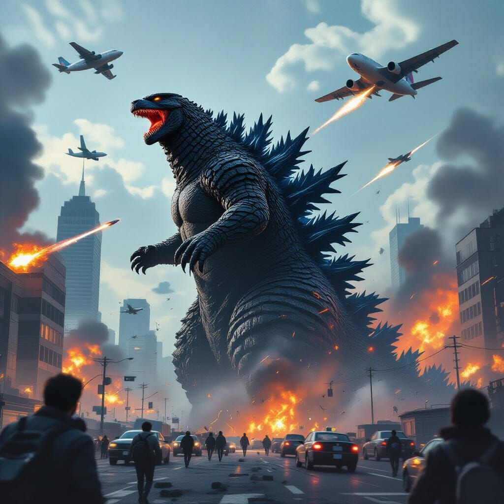Godzilla Attacks City with Airplanes in Dystopian Style