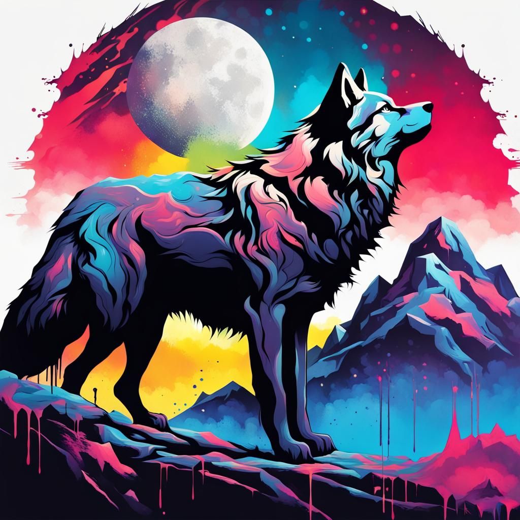 Wolf Silhouette with Mountains in Graffiti Art