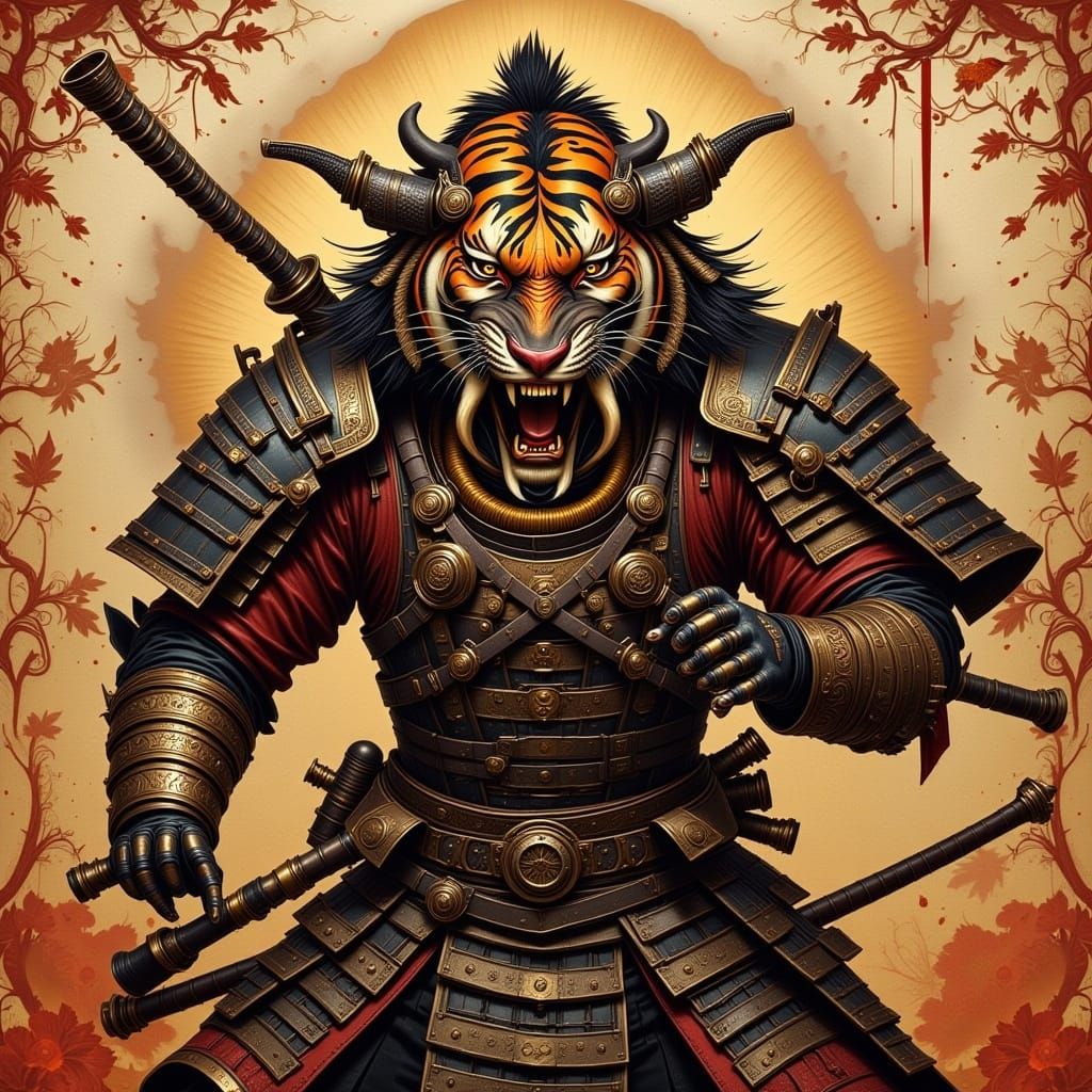 Samurai Tiger Roaring Battle Cry in Steampunk Style