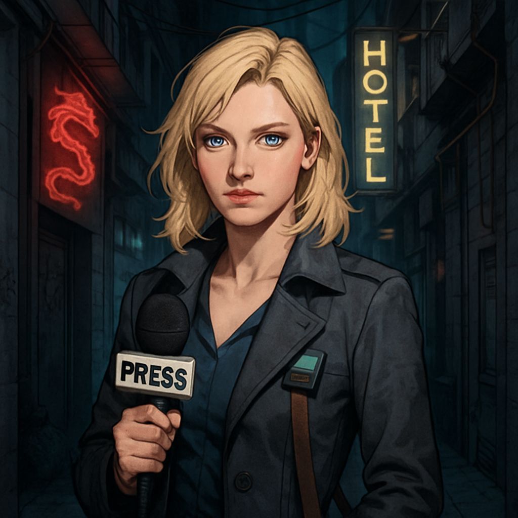 Cyberpunk Reporter in Shadowy Alley