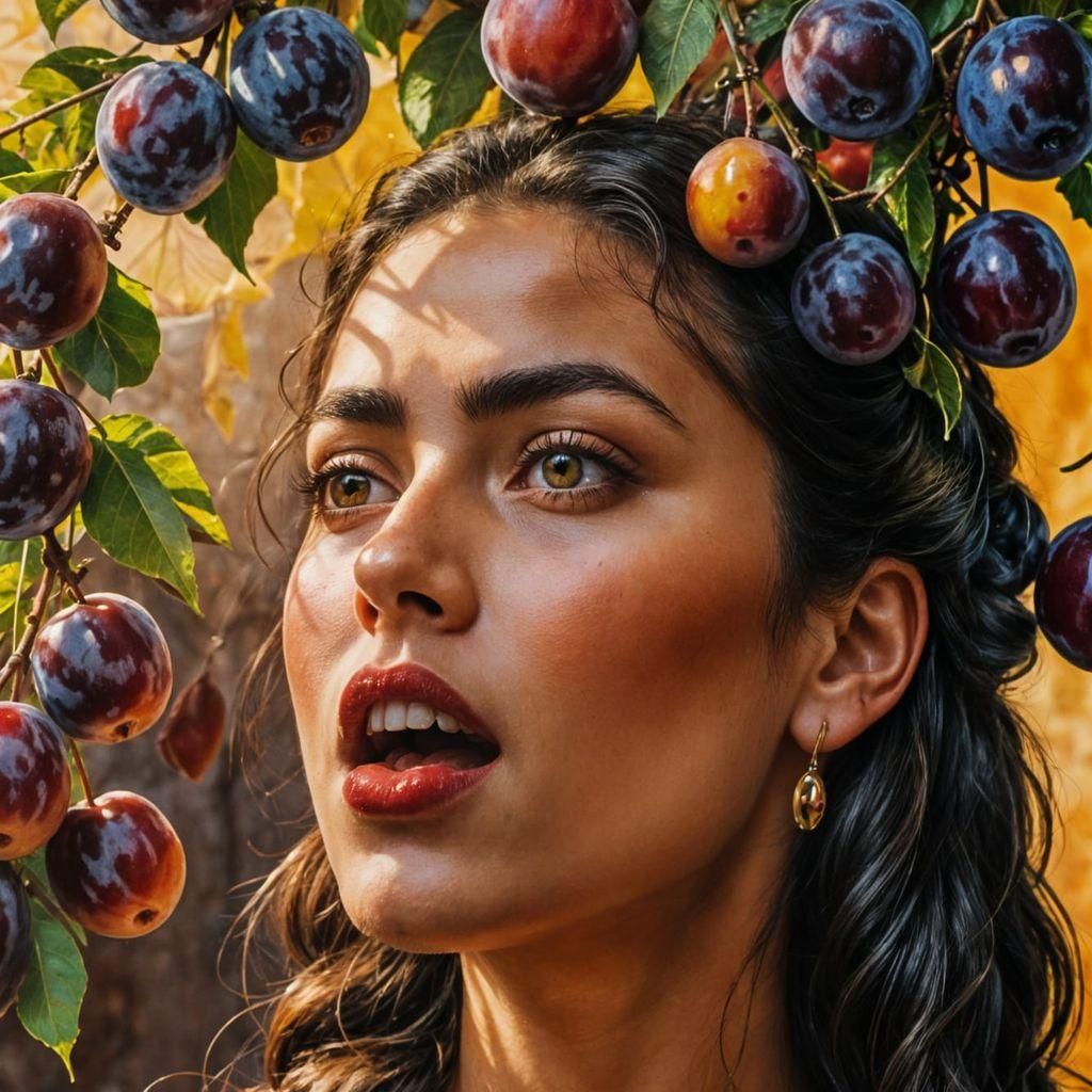 Woman Eating Plums in Vivid Colors