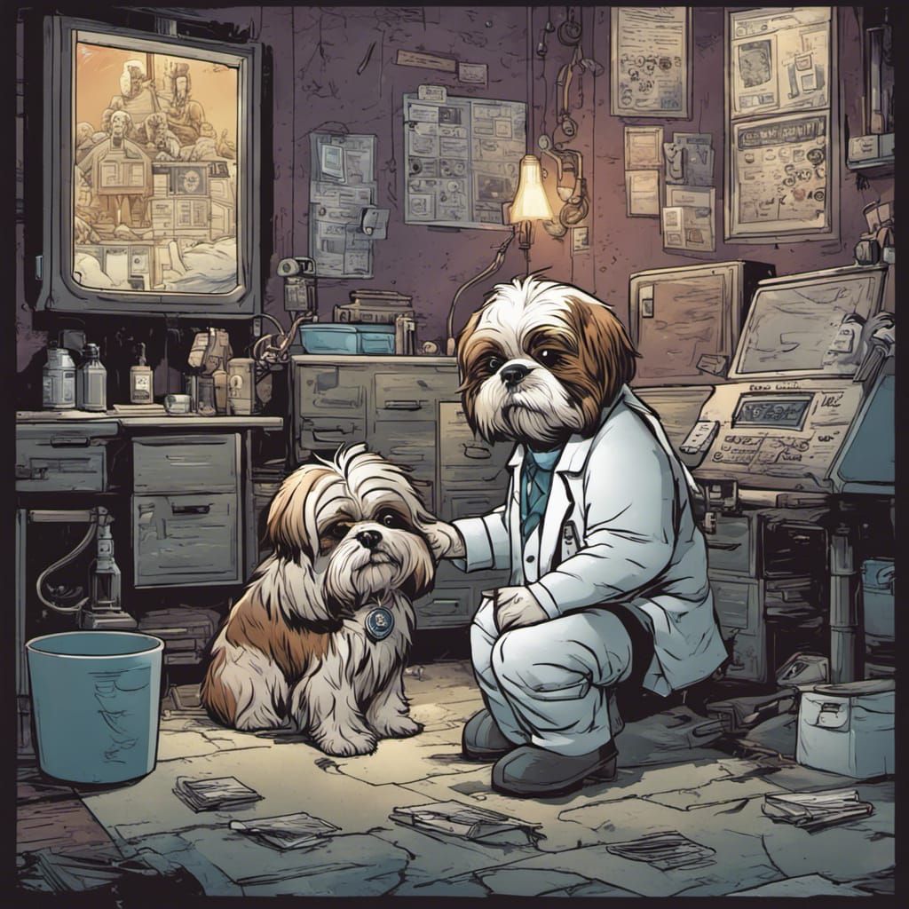 Adorable Shihtzu Visits the Doctor in Comic Book Style