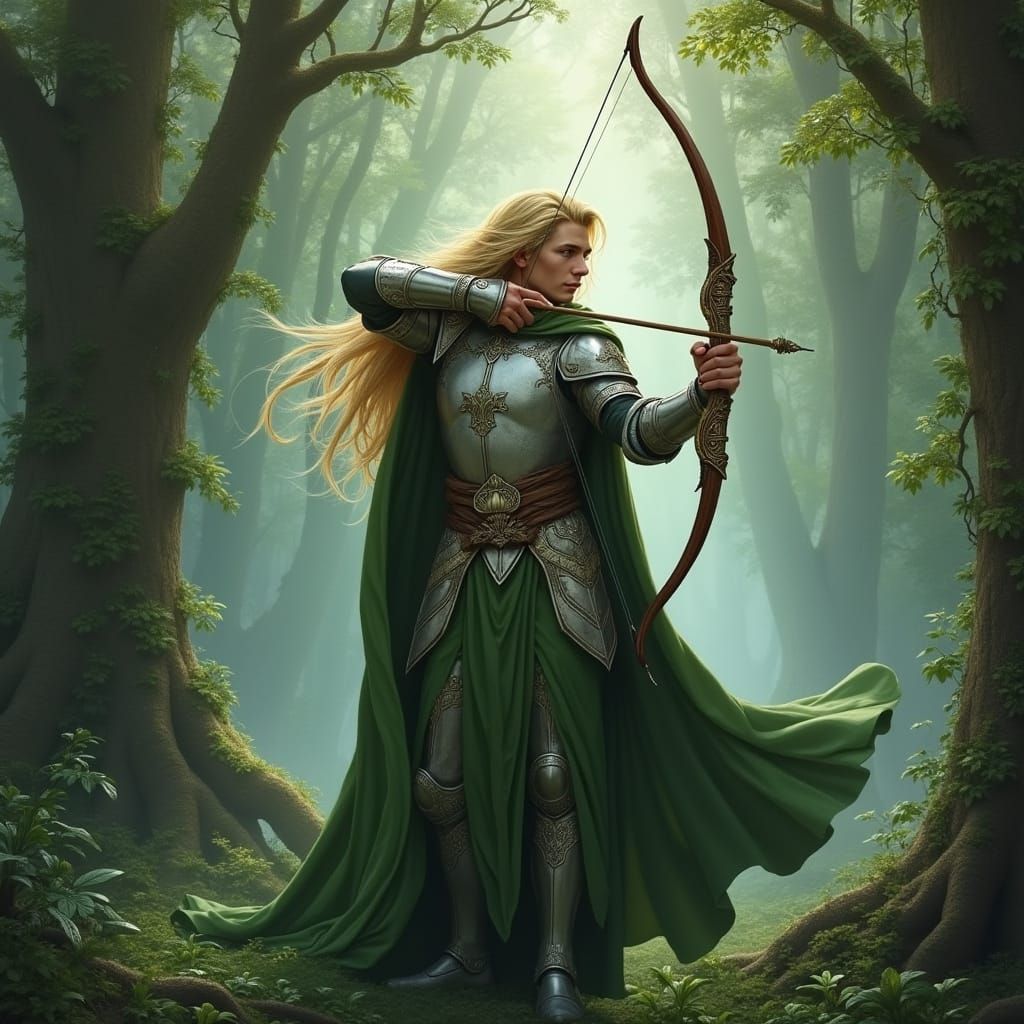 Elven King in Art Nouveau Style, Hunting in a Mystical Fores...