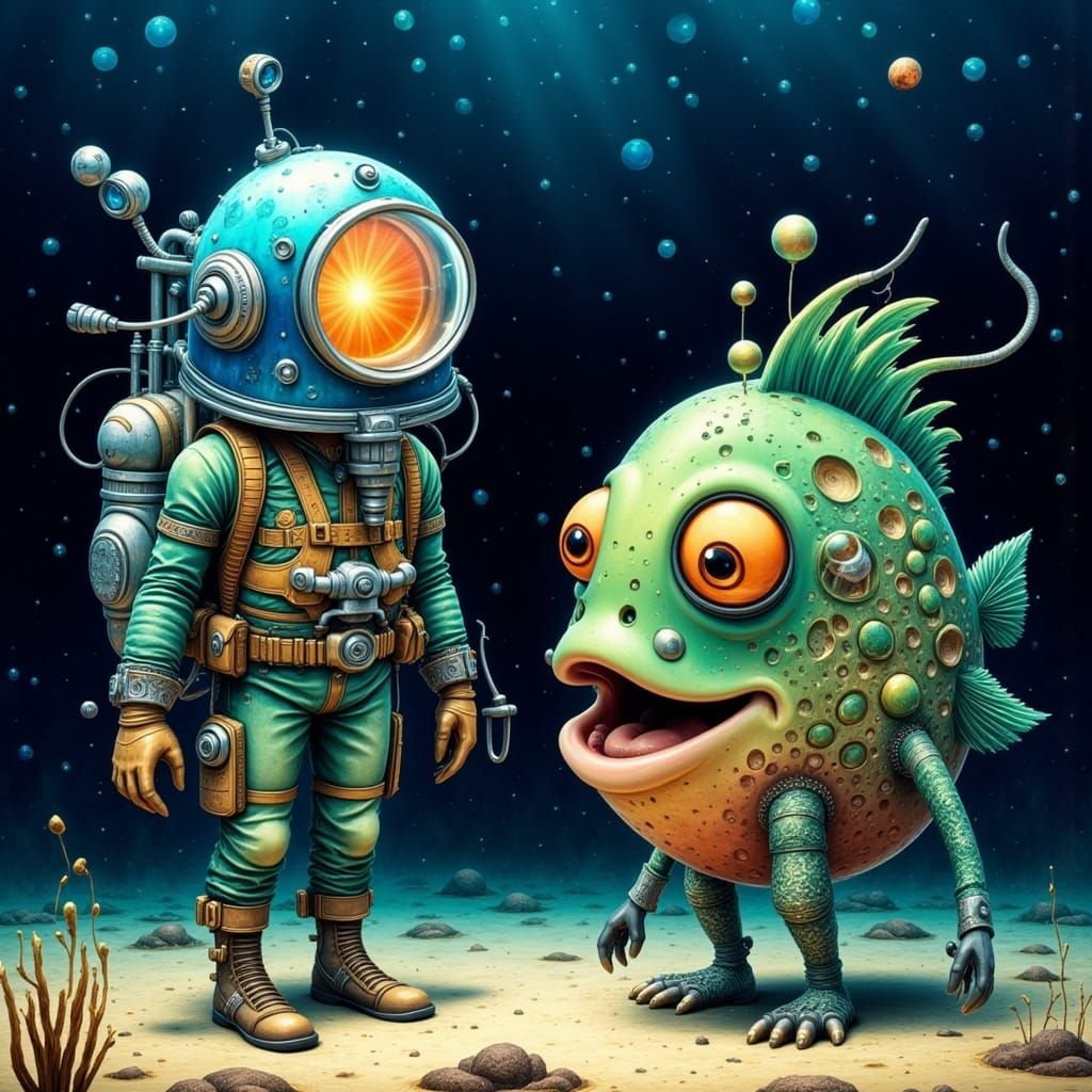 Whimsical Diver Meets Giant Grumpy Anglerfish in Cartoon Sty...