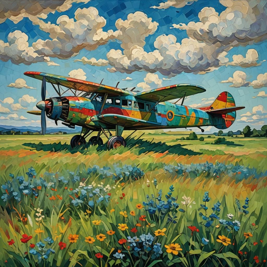 Abandoned Airplane in Meadow: Van Gogh Style