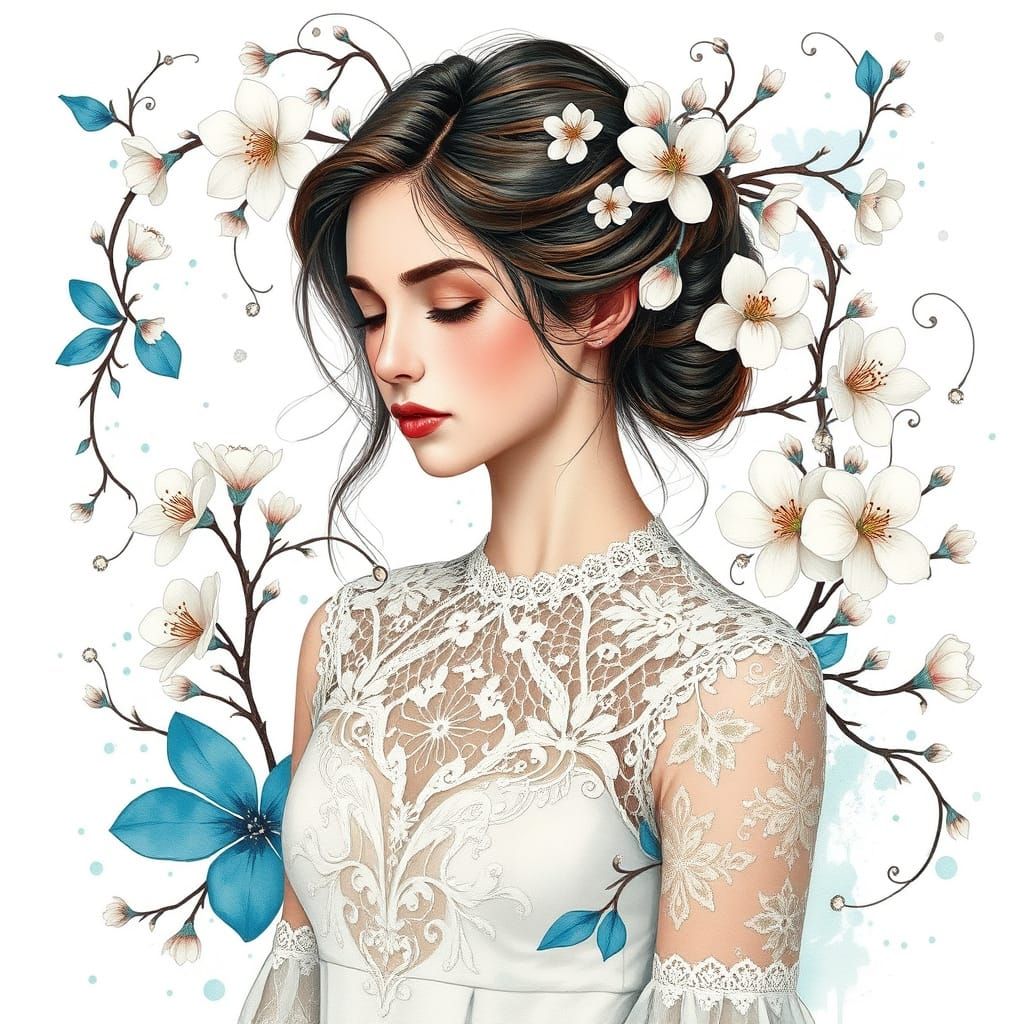 Woman in Lace Dress with Floral Wreath, Digital Art