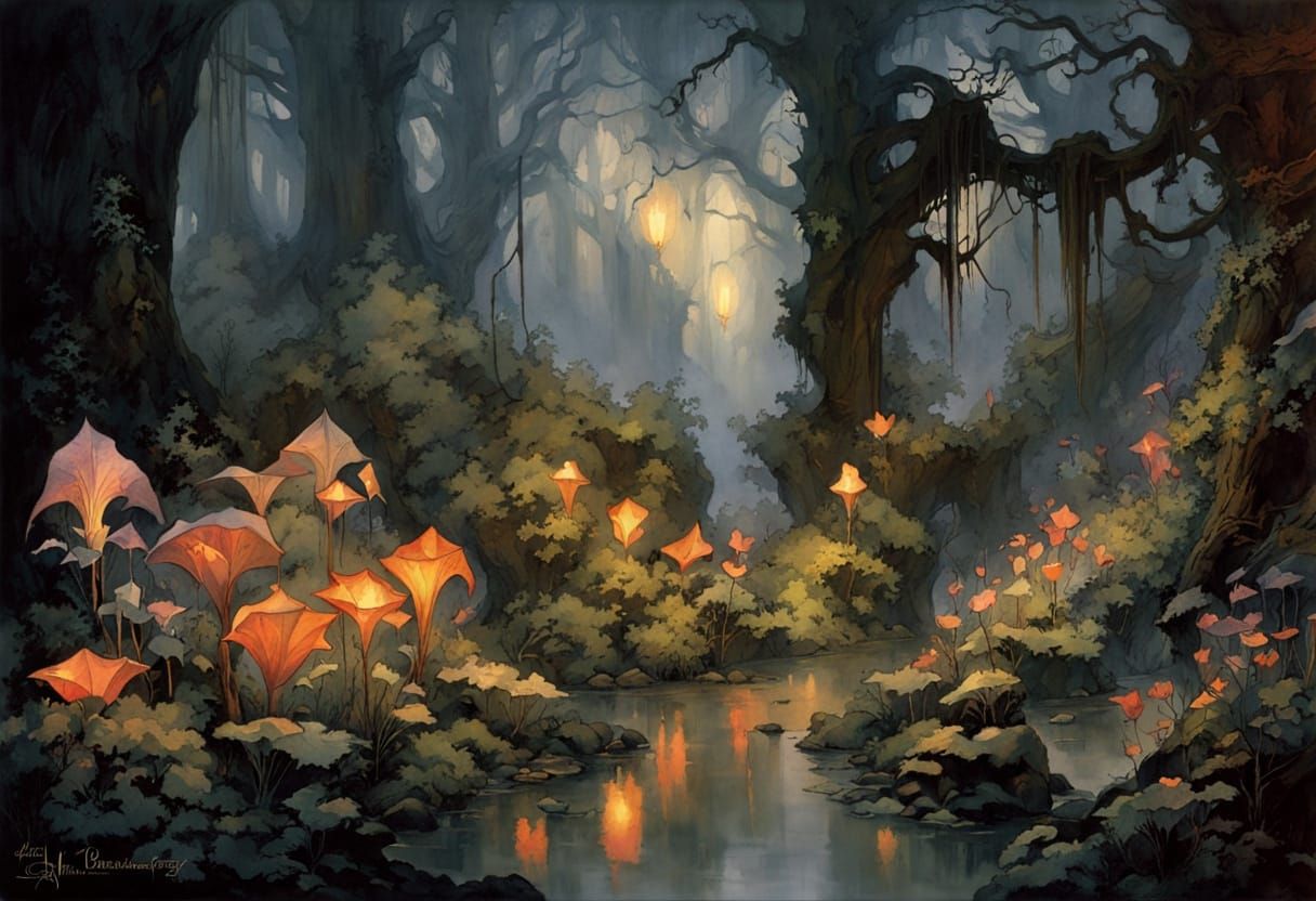 Carnivorous Plants in Overgrown Garden, Watercolor Style