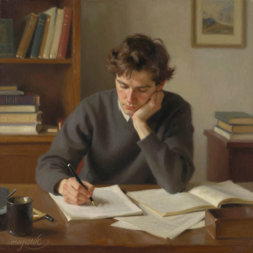 Writer Deep in Thought, Painterly Illustration